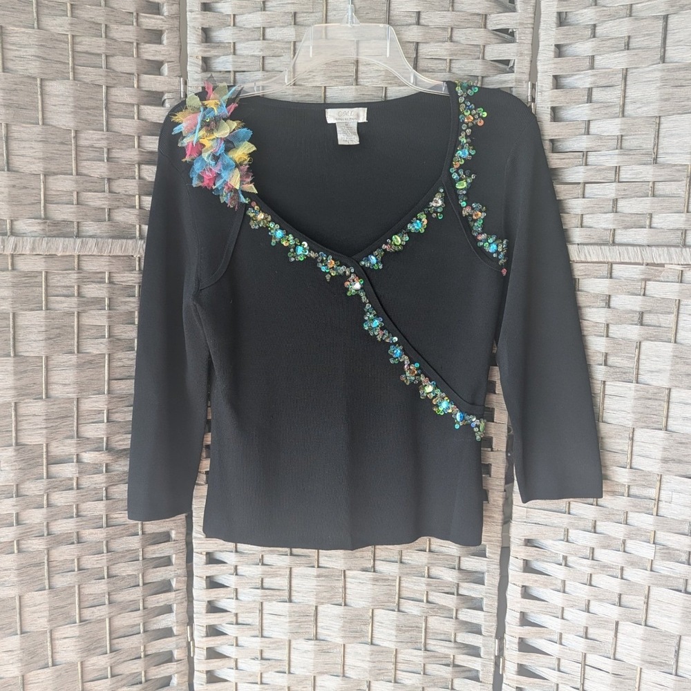 Vtg Y2K Knit Top Black Stretch Beaded Sequin Embellished Floral Sz M Whimsigoth